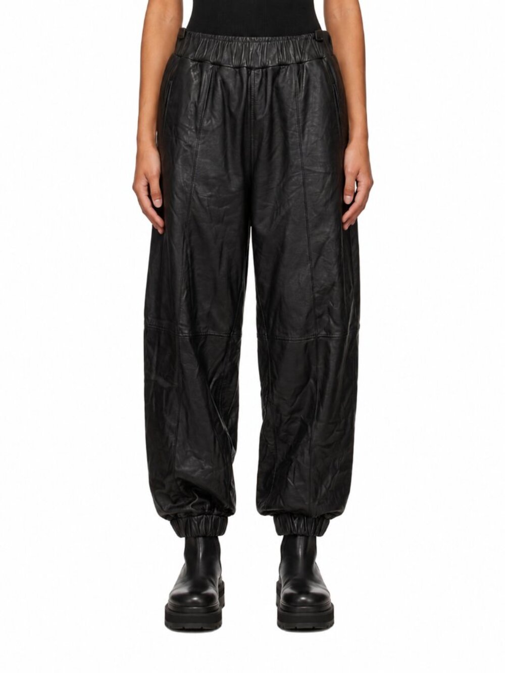Ganni Black Lamb Leather Jogger Pants Womens Sz 36 US Small Elastic Waist Pocket
